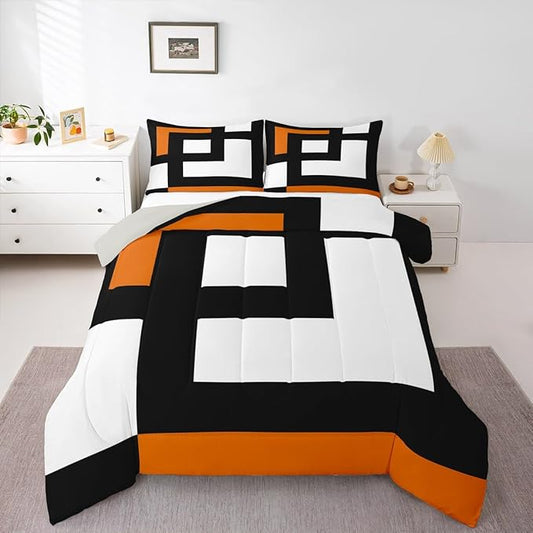 Erosebridal Blue Black and White Striped Bedding Set Full Size Square Abstract Comforter Set for Adult Women Men Modern Geometric Stripes Bold Lines Bed Sets Minimalist Plaids Quilt Sets