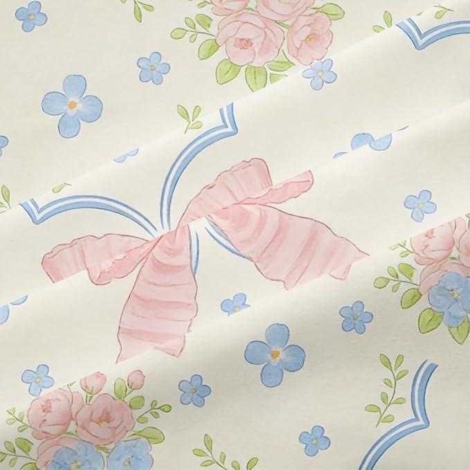 Teens Pink Blue Flowers 3-Piece Comforter Set for Girls, King Size Pink Bow Bedding Sets with Blue Floral, Bed Set for All Season Includes 1 Comforter 104"x90" and 2 Pillowcases