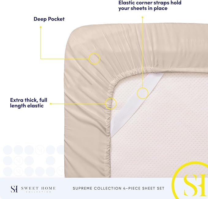 California King Sheet Sets - Breathable Luxury Sheets with Full Elastic & Secure Corner Straps Built In - 1800 Supreme Collection Deep Pocket Bedding, Sheet Set, EXTRA DEEP pocket - Cal King, Beige