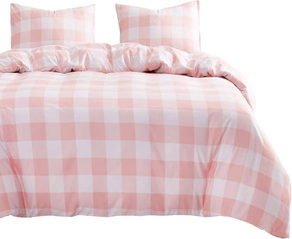 Wake In Cloud - Gingham Comforter Set, Plaid Buffalo Check Checkered Cottagecore Cute Geometric, Soft Lightweight Bedding, 3 Pieces, Pink, Twin/Twin XL Size