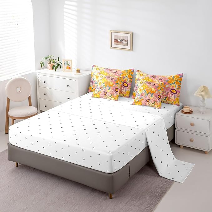 Bohemian Twin Comforter Set with Sheets Bed in a Bag 7 Pcs,70s Hippie Floral Retro Flowers Bed Set,Vintage Farmhouse Style Bedding Sets with Comforter,Flat,Fitted Sheet,Pillowcases,Pillow Covers