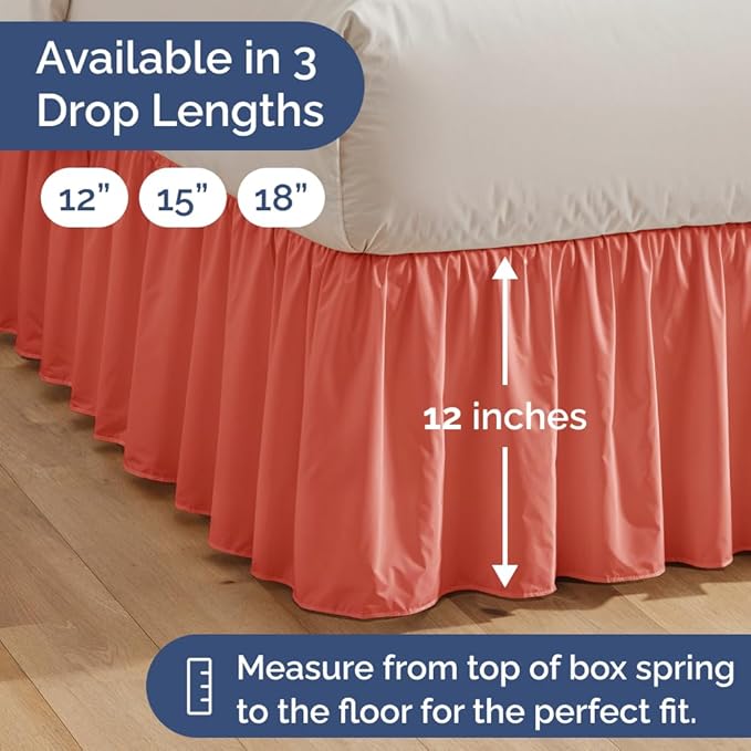 Bedskirt Twin Size Ruffle - 12 inch Drop Dust Ruffle Bed Skirt with Platform - Ultra-Soft, Easy Fit, Premium Hotel Quality - Wrinkle, Fade & Shrink Resistant - for Women, Men, Kids and Teens - Coral