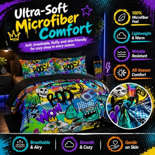 AILONEN Boys Kids Comforter Set Queen,7-Piece Cartoon Hip Hop Skull Bed in a Bag Printed Bedding Set,Colorful Graffiti Soft Comforter & Fitted Sheet & Flat Sheet & 2 Pillowcases,2 Pillow Shams,Black
