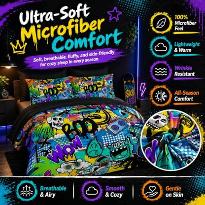 AILONEN Boys Kids Comforter Set Queen,7-Piece Cartoon Hip Hop Skull Bed in a Bag Printed Bedding Set,Colorful Graffiti Soft Comforter & Fitted Sheet & Flat Sheet & 2 Pillowcases,2 Pillow Shams,Black