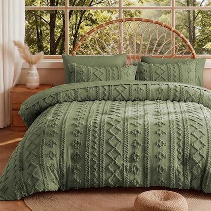 MR&HM Queen Comforter Set 7 Pieces, Tufted Boho Beddding Set Olive Green