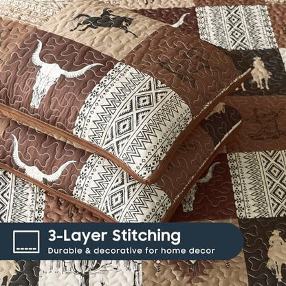 Wake In Cloud - Western Quilt Set, Southwestern Aztec Country Horse Cowboy Rustic Ranch Pattern Printed, Reversible Lightweight Bedspread Coverlet, 3 Pieces, Tan Brown, Twin/Twin XL Size