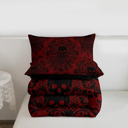 Feelyou Adults Gothic Skull Bedding Set King Size Kids Damask Print Comforter Goth Bohemian Duvet Breathable Soft Lightweight Microfiber Black Red Room Decor with 2 Pillowcases