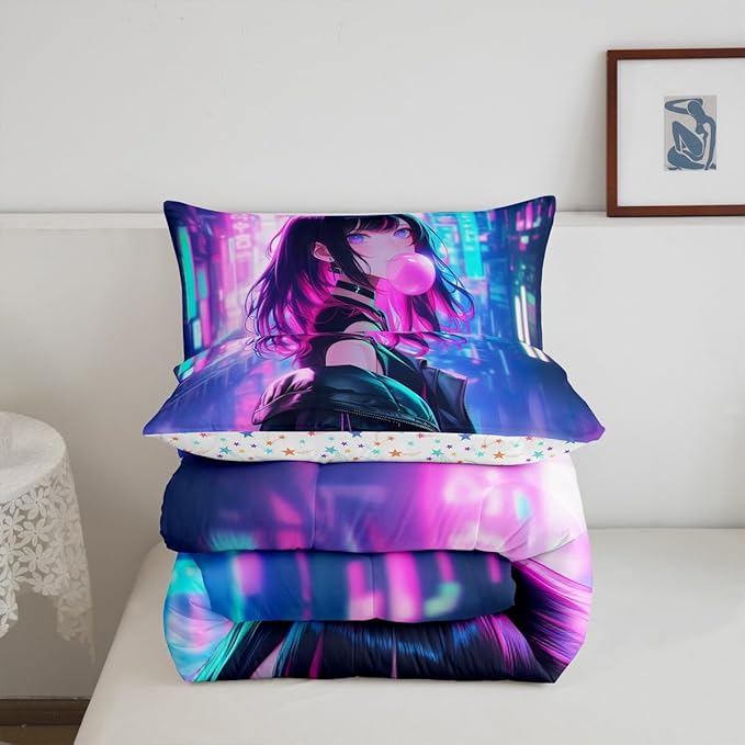 Erosebridal Anime Girl Comforter Set Queen Size, Kawaii Japanese Anime Quilt for Kids Boys Teens Adult, Cartoon Girl Bedding Set Japan Animation Bedroom Decor, Machine Washable, Lightweight