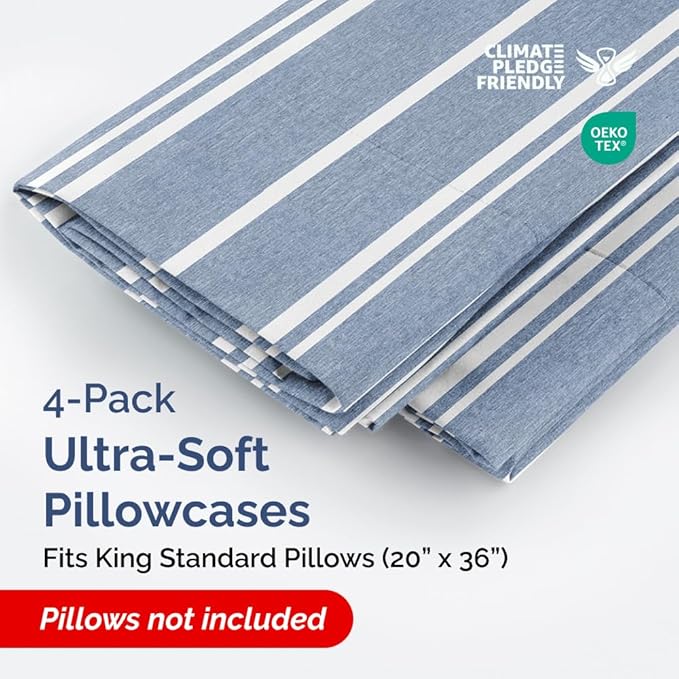 King Standard Pillow Cases Set of 4 - Soft Hotel Quality Pillowcase Covers - Comfy Bedding for Women, Men, Kids & Teens - Machine Washable Pillow Protectors - 4 Piece Set - King Standard Blue Stripes
