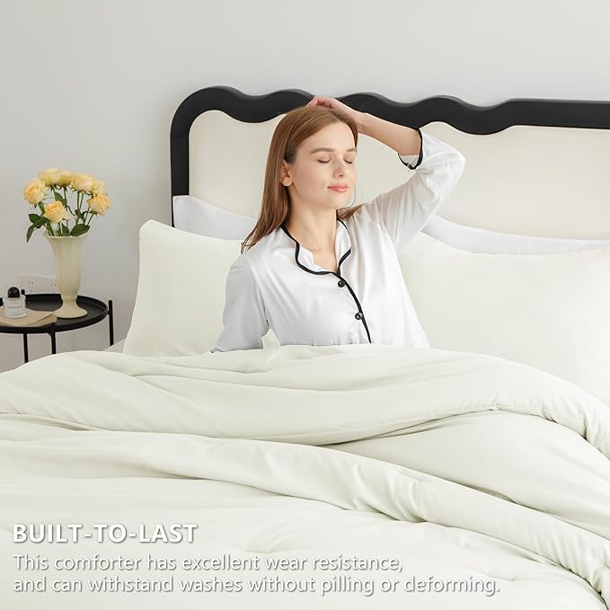 CozyLux King Size Comforter Set Ivory, 3 Pieces Solid Comforters King Size Breathable Quilted Bedding Sets, Luxury Soft Lightweight Bed Set with Down Alternative Comforter and 2 Pillowcases All Season
