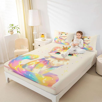 3D Anime Cat Bedding Set for Animal Lovers Cartoon Lovely Cat Fitted Sheet Full, Kawaii Colorful Pet Bed Sheets for Girls Boys Kids Cartoon Gifts Decor for Bedroom, 1 Fitted Sheet 2 Pillowcases