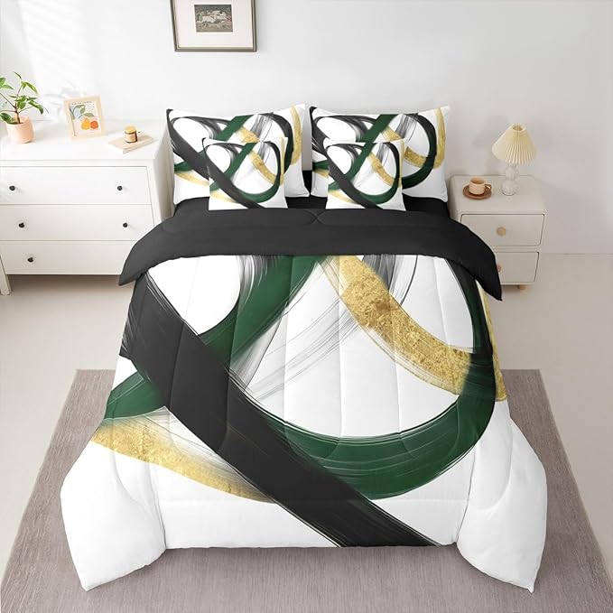 Erosebridal Abstract Black Gold 7 Piece Comforter Set Queen Geometric Green Minimalist Lines Bedding Set Modern Ink Painting Stripes Quilt Simple Aesthetic Fashion Neutral Sheet Set for Men