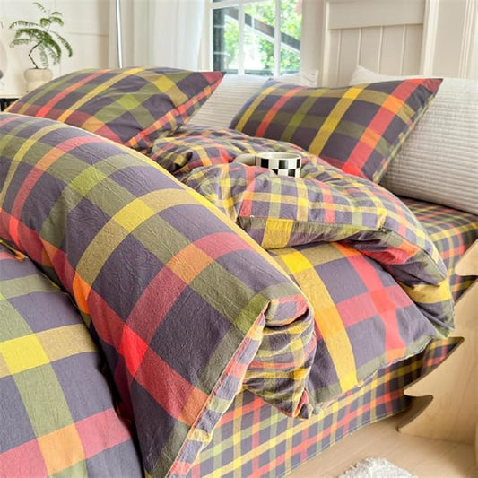 Multicolor Plaid Queen Size Comforter Set Modern Style Checkered Pattern Comforter Buffalo Grid Plaid Gingham Bedding Comforter Set for All Seasons Farmhouse Grid Bed Comforter with 2 Pillowcases