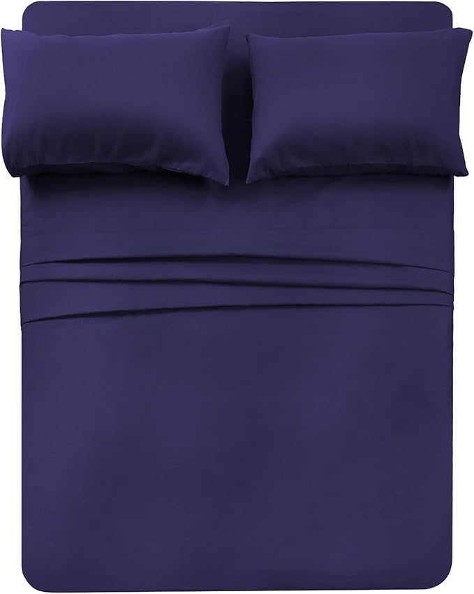 4 Piece Bed Sheet Set (Queen,Blue) 1 Flat Sheet,1 Fitted Sheet and 2 Pillow Cases,Brushed Microfiber Luxury Bedding with Deep Pockets