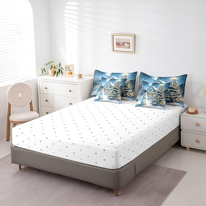 Christmas Night Full Comforter Set with Sheets Bed in a Bag 7 Pcs,Cartoon Xmas Snowman Winter Snow Bed Set,Farmhouse Style Bedding Sets with Comforter,Flat,Fitted Sheet,Pillowcases,Pillow Covers