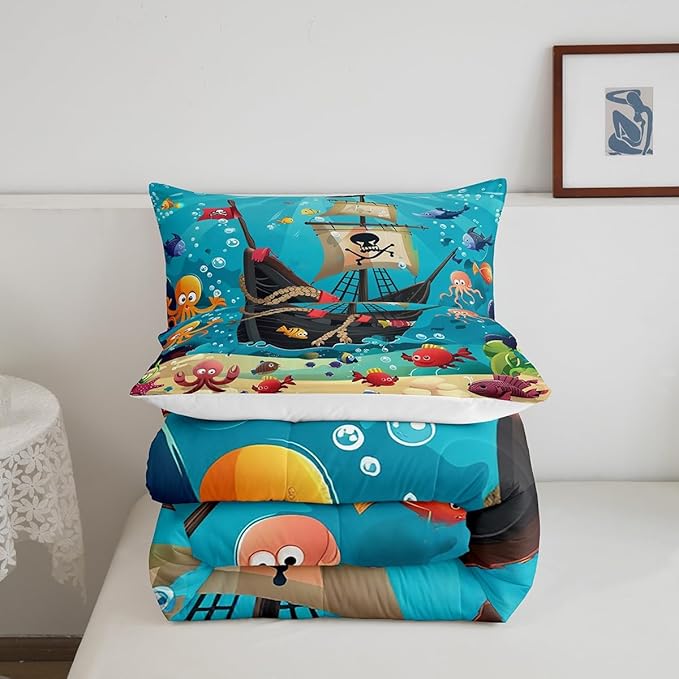 Castle Fairy Cartoon Pirate Ship Comforter Set Twin Size for Kids Marine Adventure Bedding Sets All Season Underwater Fish Quilt Set Bedroom Decor Cute Octopus Jellyfish Down Comforter,2Pcs