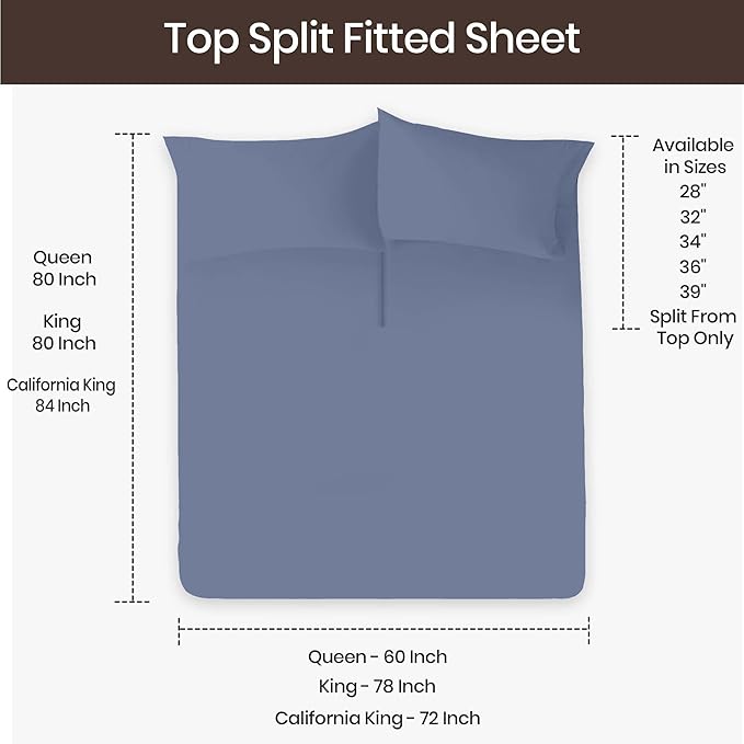 Adjustable Split Head Flex Top Cal King 28" Microfiber Sheet Set – Ultra Soft, Cooling & Deep Pocket 15” Fitted, 4-Piece Breathable & Durable Bedding Set for Split Cal King Beds -Mediterranean Blue