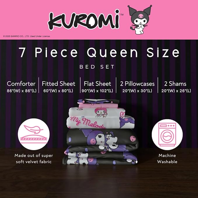 Sanrio Kuromi & My Melody Bedding 7 Piece Super Soft Cozy Reversible Comforter and Sheet Set with Sham, Queen, (100% Official Licensed Product) By Franco