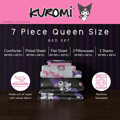 Sanrio Kuromi & My Melody Bedding 7 Piece Super Soft Cozy Reversible Comforter and Sheet Set with Sham, Queen, (100% Official Licensed Product) By Franco