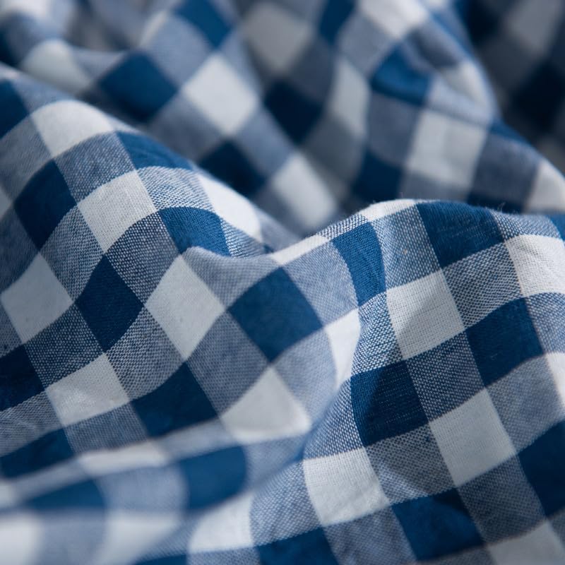 NEXHOME PRO Blue Gingham Duvet Cover King, 100% Washed Cotton Like Linen Feel Organic Natural Bedding Set 3 Piece Navy Vintage Plaid Checkered Comforter Cover Set (No Comforter) 10490