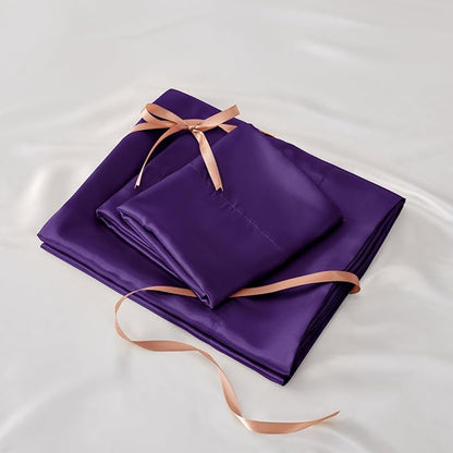 BEDELITE Satin Sheets Queen Size Bed Set, Luxury Soft Plum Purple Sheets for Hair and Skin, Similar to Silk Bed Sheets Set 4 Pieces with 1 Deep Pocket Fitted Sheet, 1 Flat Sheet, and 2 Pillowcases
