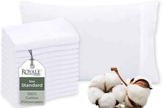 Royale Linens White Cotton Pillow Cases Standard Size Set of 12 - Bed Pillow Covers - 100% Cotton Pillowcases - Soft & Cooling- Envelope Closure - Hotel Quality Bulk Pillowcases 20" x 26"