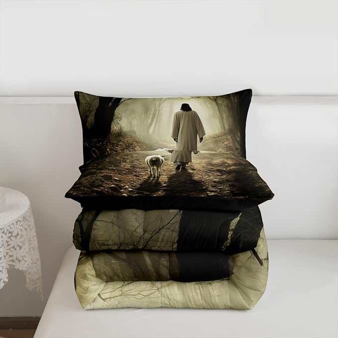 Castle Fairy Mysterious Jungle Comforter Set King Size,Wild Animals Down Alternative Adults Bedroom Decor,Sheep Print Ultra Soft Microfiber Inner Fill 3Pcs Bedding
