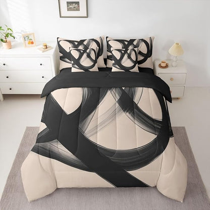 Erosebridal Abstract Modern Black Beige 7 Piece Comforter Set Queen Bed in A Bag Neutral Minimalist Lines Bedding Set for Boys Men Geometric Sheet Set Contemporary Art Simple Quilt Room Decor