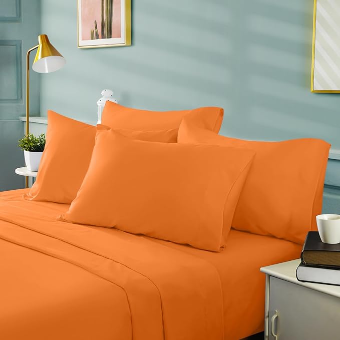 BYSURE 6 Pieces Bed Sheets Set(Full, Orange Apricot) - Hotel Luxury Super Soft 1800 Thread Count 100% Microfiber Sheets with Deep Pockets, Wrinkle & Fade Resistant