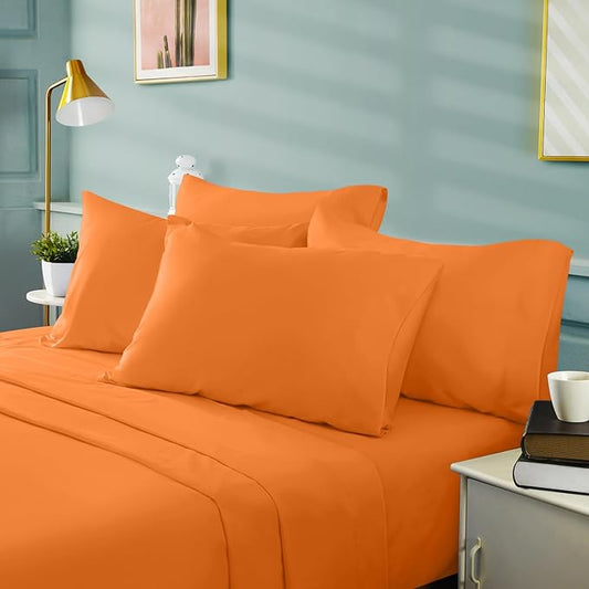 BYSURE 6 Pieces Bed Sheets Set(Full, Orange Apricot) - Hotel Luxury Super Soft 1800 Thread Count 100% Microfiber Sheets with Deep Pockets, Wrinkle & Fade Resistant