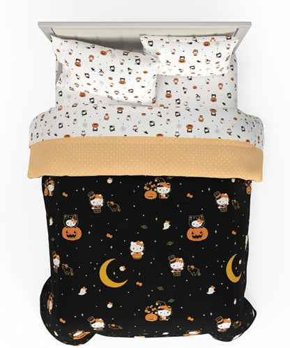 Sanrio Hello Kitty Halloween Pumpkin Queen Bed Set – Super Soft & Cozy 5 Piece Reversible Comforter and Sheet Set (Officially Licensed Product) by Franco