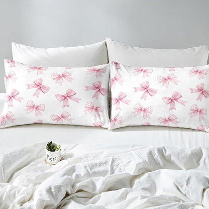 Erosebridal Pink Bow Fitted Sheet Queen Coquette Bowknot Bed Sheets for Boys Girls Princess Girls Ribbon Bowtie Bed Set Watercolor Cute Sheets with 2 Pillowcases