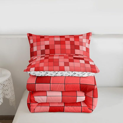 Manfei Pixelated Kids Comforter Set Twin Size,Patchwork Grid Video Games Bedding Set Boys Girls Room Decor,Miners Lattice Simple Quilt Comforter,Red Duvet Set Bedroom Quilt Set,1 Pillowcase