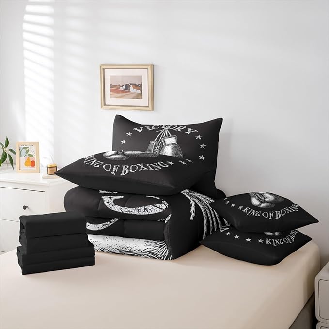 Castle Fairy Boxing Gloves King Size Bedding Sets with Sheets,Comforter,Pillowcases,Pillow Covers Gray Stars Decor Boxing Theme Comforter Set for Kids Teens Adults Bedroom Dorm Bed Set 7 Pcs