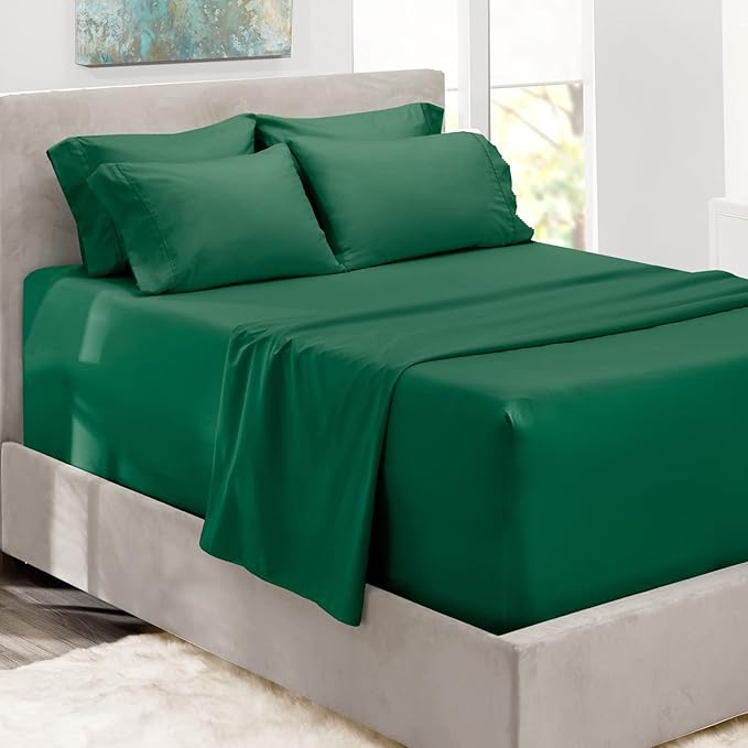 Hearth & Harbor Bed Sheets, Luxury Soft 6 Piece Bed Sheet Set Extra Deep Pocket Fitted Sheets Fits Mattress up to 21", Double Brushed Bedding Sheets & Pillowcases, Split King, Dark Green