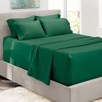 Hearth & Harbor Bed Sheets, Luxury Soft 6 Piece Bed Sheet Set Extra Deep Pocket Fitted Sheets Fits Mattress up to 21", Double Brushed Bedding Sheets & Pillowcases, Twin, Dark Green