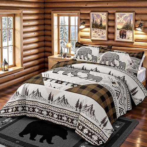 3 Piece Cabin King Size Quilt Sets Farmhouse Rustic Reversible Microfiber Soft Lightweight Bedspread Comforter with 2 Shams Patchwork Country Lodge Bedding Quilts Set for All Season, 106''x96'', Brown