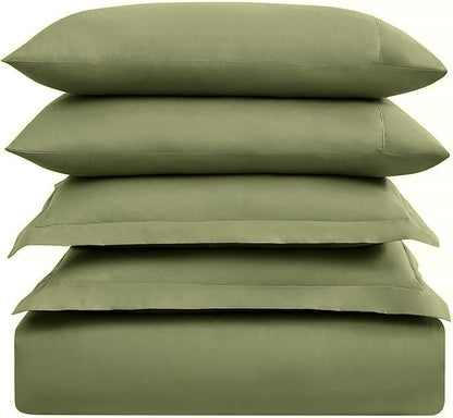 Mellanni Duvet Cover Set - 5 PC Iconic Collection Bedding Set - Hotel Luxury, Extra Soft & Cooling - Microfiber - Button Closure and Corner Ties (Full, Sage)