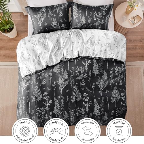 Love's cabin Black Twin Comforter Set - Twin XL Size Comforter Set Dorm Bedding, 2 Pieces Cute Floral Bedding, Soft Reversible Flowers Comforter, 1 Comforter & 1 Pillow Sham