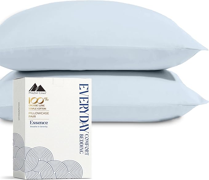 Mayfair Linen 100% Organic Cotton Percale Pillow Cases Queen/Standard Size Set of 2 - Percale Pillowcovers Standard/Queen (Light Blue), Soft Cooling Pillow Case for Sleeping, Cotton Pillowcases