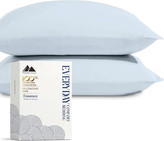 Mayfair Linen 100% Organic Cotton King Size Pillow Cases Set of 2 - Soft Hotel Quality Covers for King Size Pillows (Light Blue), Authentic GOTS Certified, Crisp, Cooling Percale Cotton Pillowcases