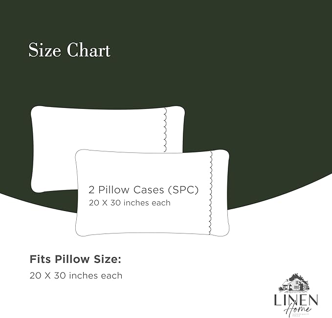 Linen Home 100% Cotton Percale Moon Scallop Hem Pillowcases Queen/Standard Size, Olive Green, 2 Pieces of Pillow Case, Crisp and Cool Strong Bed Linen, 20 inches X 30 inches