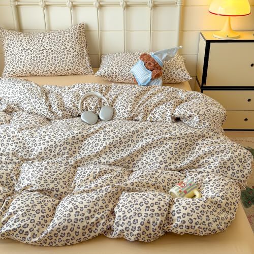 mixinni Muted Retro Leopard Print Duvet Cover Set Queen Size, 3PCS Cute Sexy Cheetah Bedding, 100% Cotton Double Gauze Soft Aesthetic Cream Vintage Bedding Set with 2 Pillowcases for Girls Women