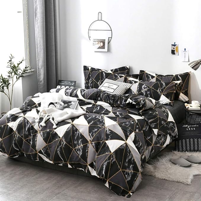 Cottonight Black Queen Comforter Set Geometric Black Marble Bedding Comforter Set Full Plaid Cotton Modern Lightweight Black White with Gold Lines Comforter for Women Men