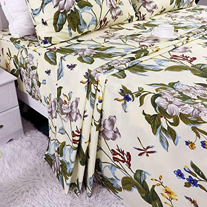 FADFAY Shabby Floral Sheets Full 100% Cotton 600 TC White Flower and Green Leaves Bedding Vintage Garden Botanical Print Country Side Bed Sheet Soft Hypoallergenic Deep Pocket Sheet 17.5''