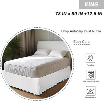 HIG King Bed Skirt - Easy Fit Scallop Edge Pleated Bedskirts with Spilt Coner, 12 Inch Drop Anti-Slip Dust Ruffle, Thick Fabric for Enhanced Privacy, Pre-Washed for Long-Lasting Use, Machine Washable