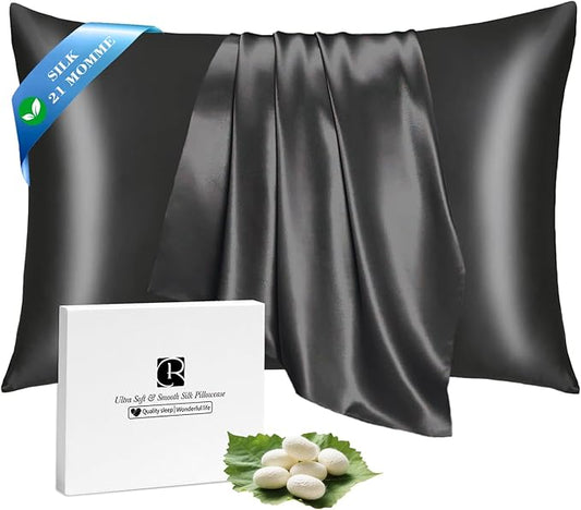 Ravmix Silk Pillow Cases with Zipper, 21momme Mulberry Silk Pillowcase for Hair Skin Health, Soft Smooth Breathable Cool Pillow Cover for Beauty Sleep with Gift Box 1PC(Queen 20"x30", Black)