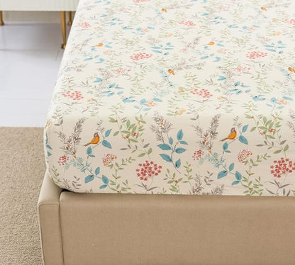 DAUAOTO Cotton Sheets Set California King Printed Bedding Sets, Bird Botanical Pattern Bedlinen for Cal King Bed Up to 14" Deep Mattress Cream