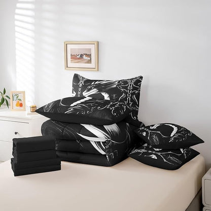 Erosebridal 3D Dragon 7 Piece Comforter Set Full Bed in a Bag,Vintage Gothic White Black Dragon Bedding Sets Antique Wildlife Mythical Animal Sheet Set with Comforter