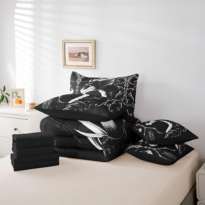 Erosebridal 3D Dragon Comforter Set 7 Piece Bed in a Bag Twin,Vintage Gothic White Black Dragon Bedding Sets Antique Wildlife Mythical Animal Sheet Set with Comforter